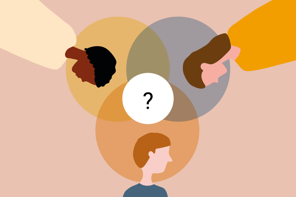 Three overlapping circles in soft, earthy tones (brown, gray, and orange) are arranged in the center of the image. In the middle, where the circles overlap, is a white circle containing a question mark. Around each circle, a stylized head is visible—one with darker skin and hair, one with lighter skin and dark hair, and one with medium skin and brown hair—facing inward toward the question mark. The composition suggests different perspectives converging around a central question or point of inquiry.