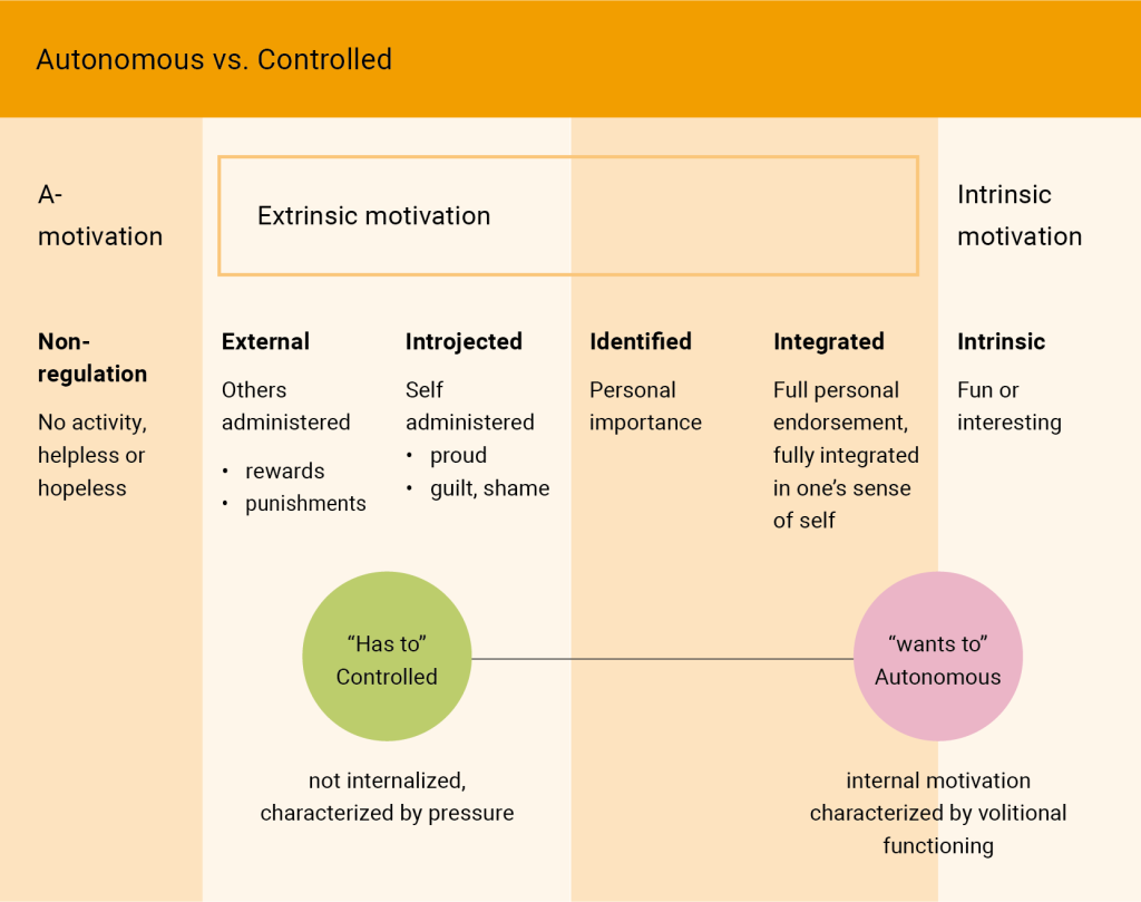 A horizontal continuum depicting different types of motivation, adapted from Ryan and Deci (2000). On the far left is “A-motivation” (no activity or sense of helplessness). Moving to the right, “Extrinsic motivation” is broken down into four categories: “External” (administered by others), “Introjected” (self-imposed feelings of pride or guilt), “Identified” (personal importance), and “Integrated” (fully aligned with one’s sense of self). Finally, on the far right is “Intrinsic motivation” (activities that are inherently enjoyable or interesting). The continuum also contrasts “has to” (more controlled forms of motivation) with “wants to” (more autonomous forms).