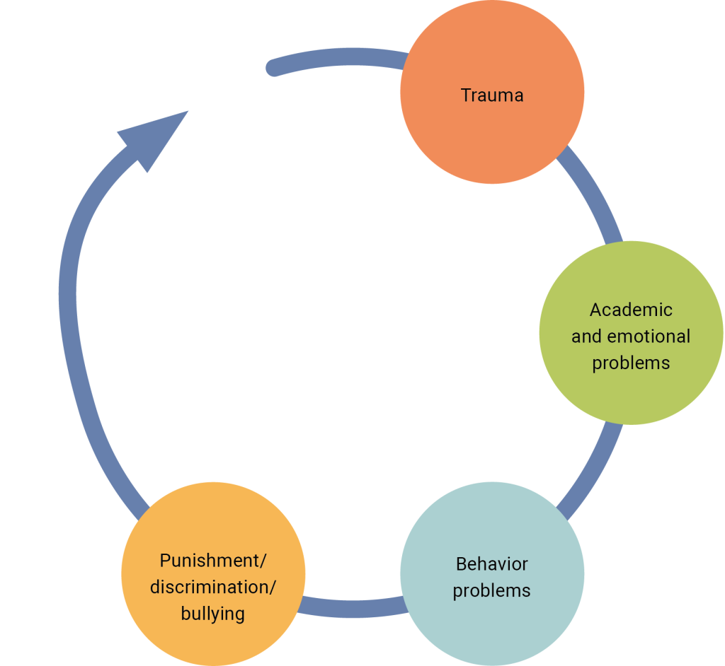 A circular flow diagram with four colored circles connected by an arrow in a loop. Each circle represents a stage in a cycle: Trauma (orange) Academic and emotional problems (green) Behavior problems (blue) Punishment/discrimination/bullying (yellow) The arrow loops back from the last circle to the first, indicating a repeating cycle of trauma and negative outcomes.