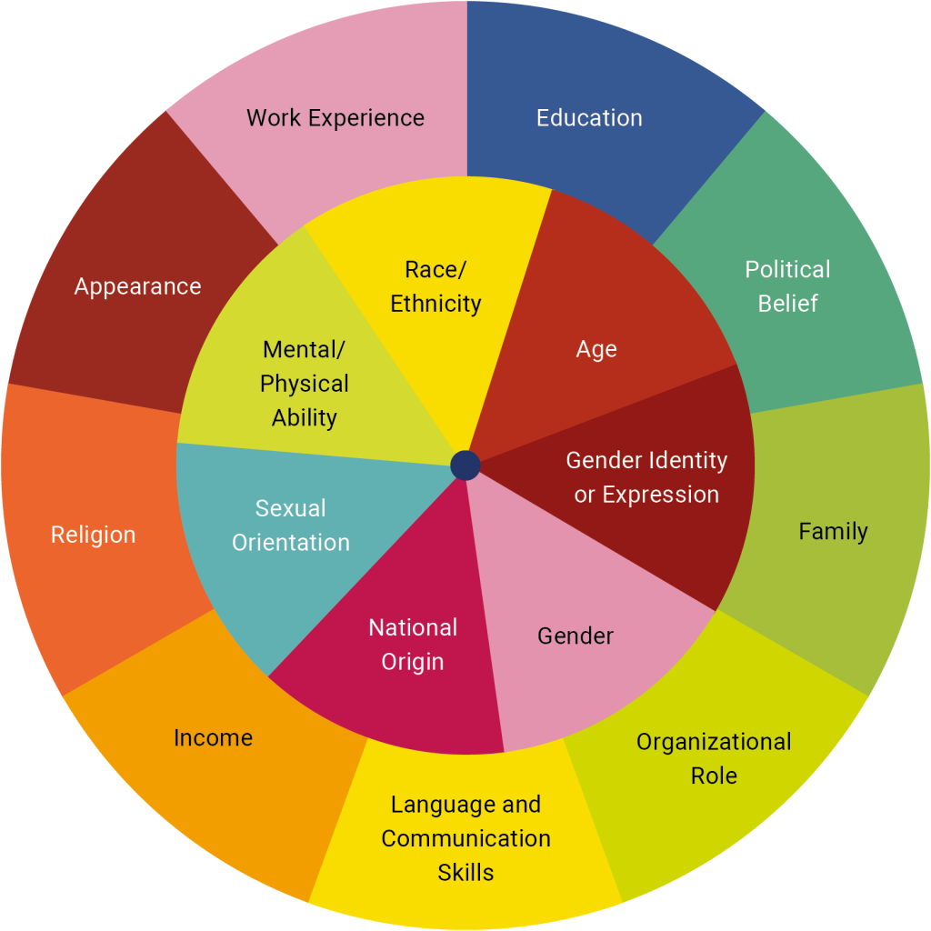 A circular “diversity wheel” divided into 15 brightly colored slices. Each slice represents a dimension of identity or diversity. Moving clockwise, the slices are labeled: Education Political Belief Family Gender Identity or Expression Age Race/Ethnicity Sexual Orientation National Origin Income Language and Communication Skills Organizational Role Religion Appearance Mental/Physical Ability Work Experience A small circle at the center anchors the wheel, illustrating how each identity factor radiates outward to shape an individual’s overall experience.
